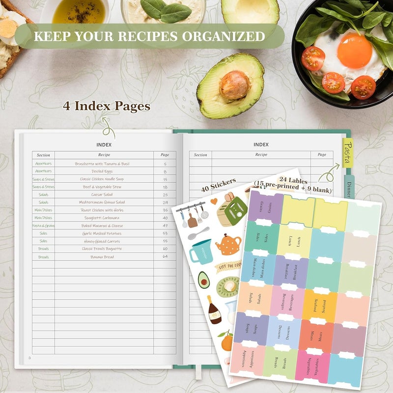 Lanpn Blank Recipe Book Cookbook for 70 Recipes, Waterproof A5 Empty Cooking Journal to Organize Your Family Recipes, Leather Cover Recipe Notebook with Stickers to Write in Your Own Recipes, Green - Image 5